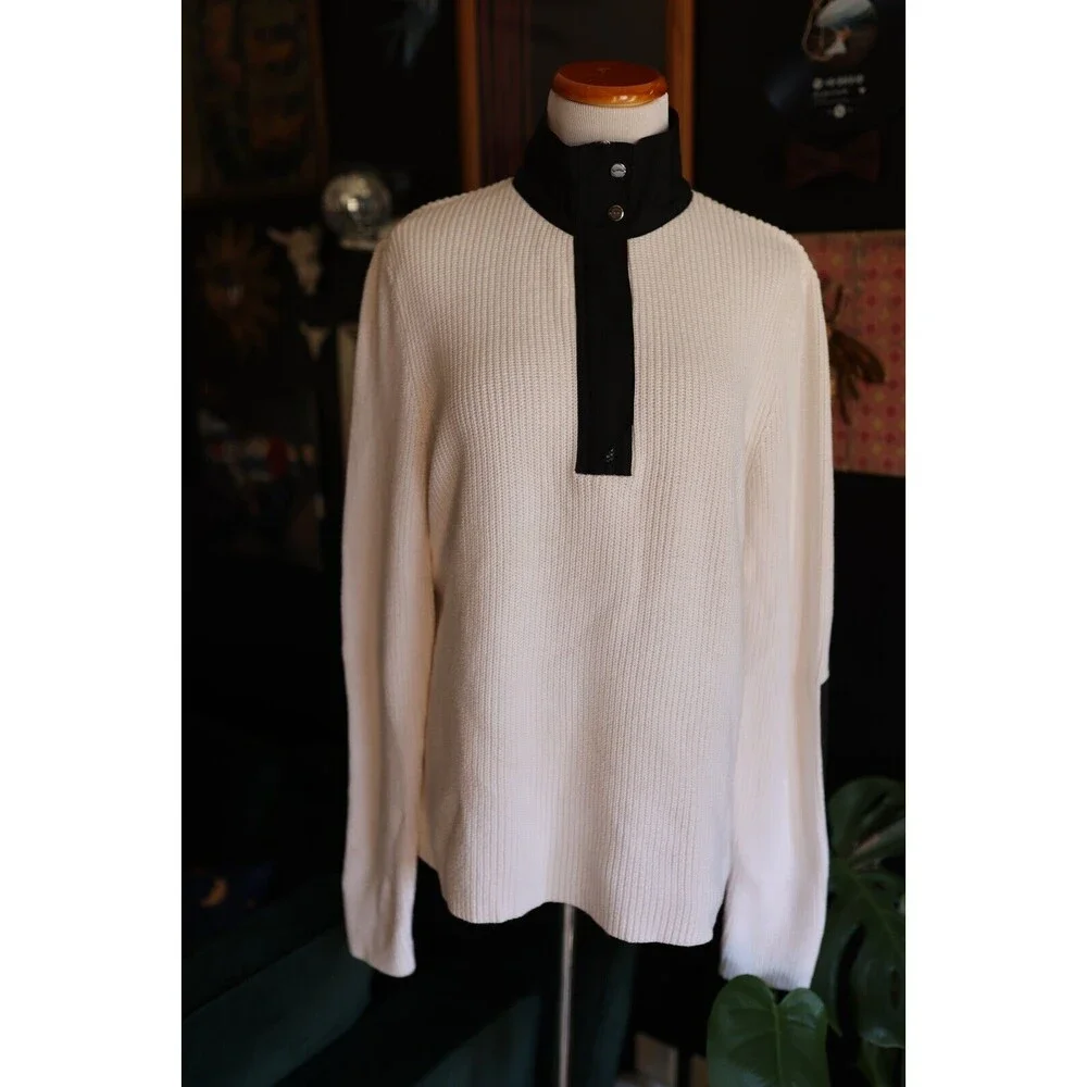 L-RL Lauren Active Ralph Lauren White Half Zip Knit Sweater Patches Preppy XL